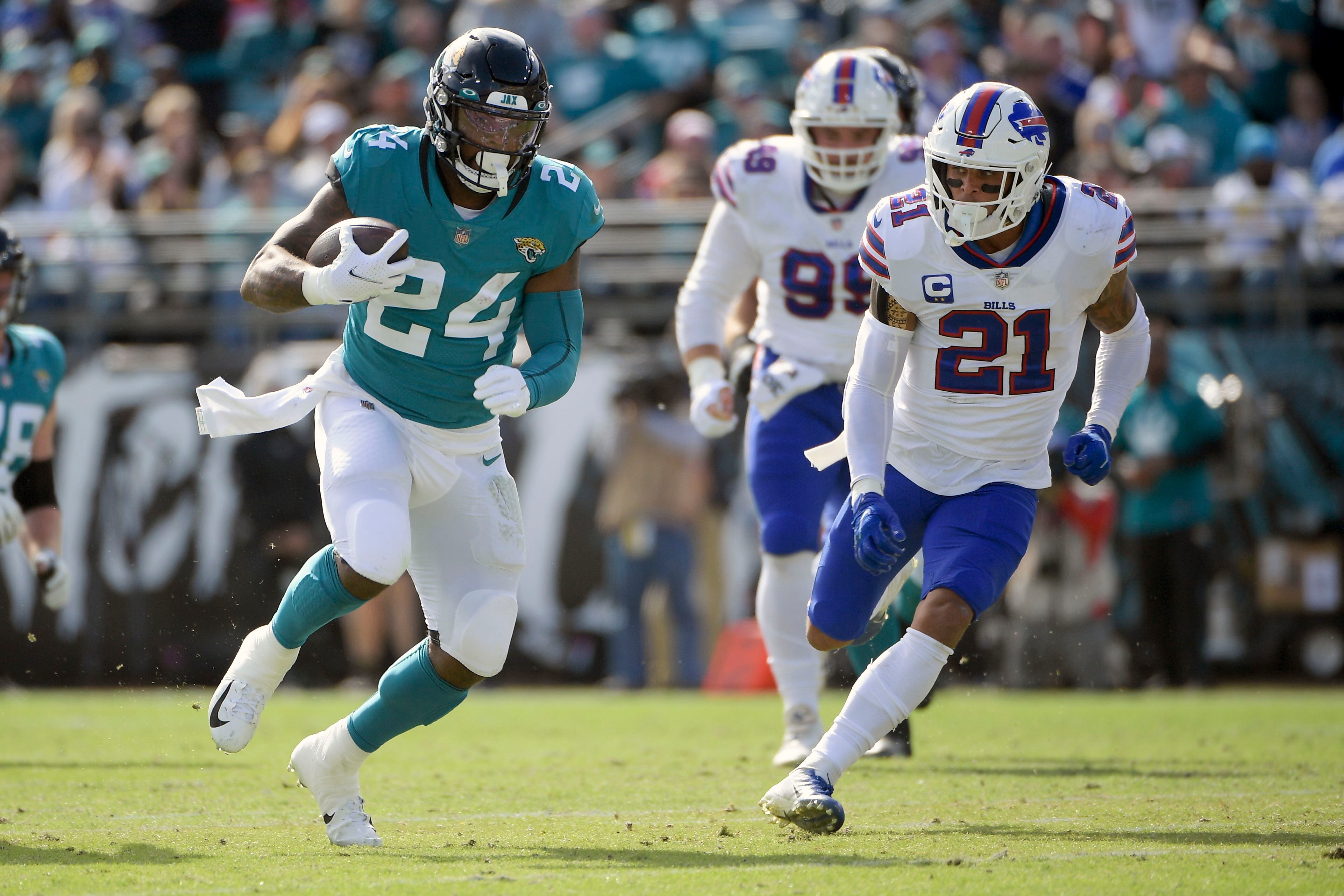 Jacksonville Jaguars running back Mekhi Sargent warms up before